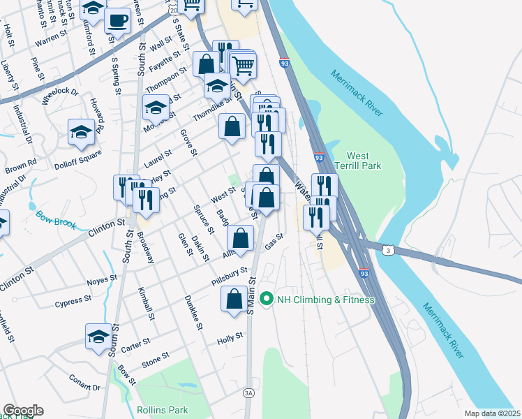 map of restaurants, bars, coffee shops, grocery stores, and more near 2 Cottage Court in Concord