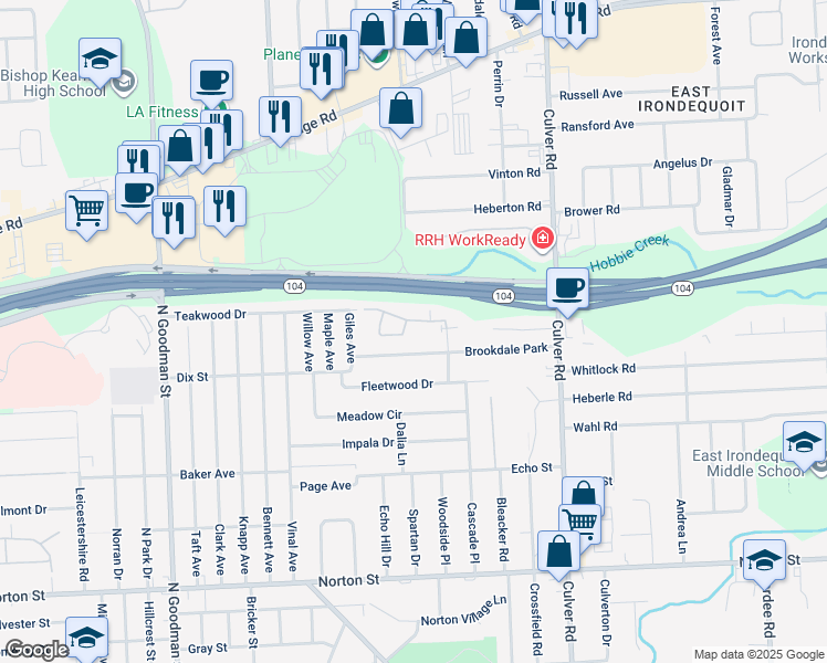 map of restaurants, bars, coffee shops, grocery stores, and more near 12 Lacroix Court Drive in Irondequoit