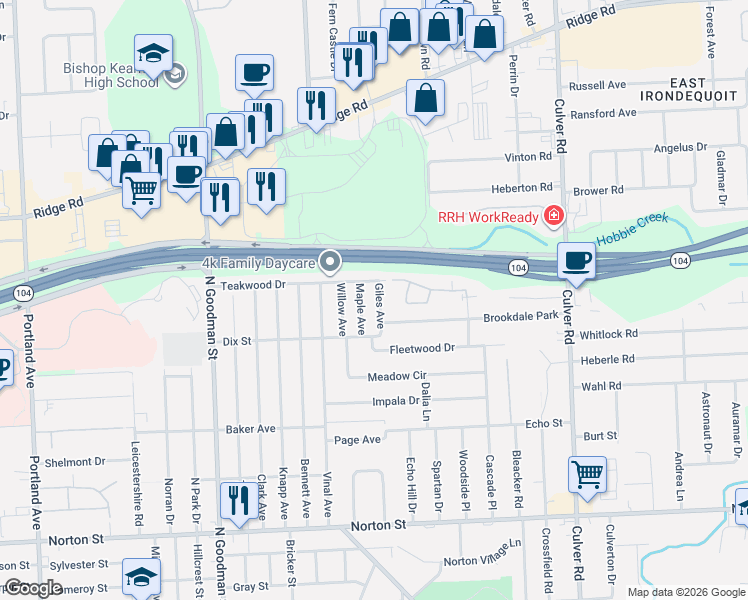 map of restaurants, bars, coffee shops, grocery stores, and more near 262 Teakwood Drive in Rochester