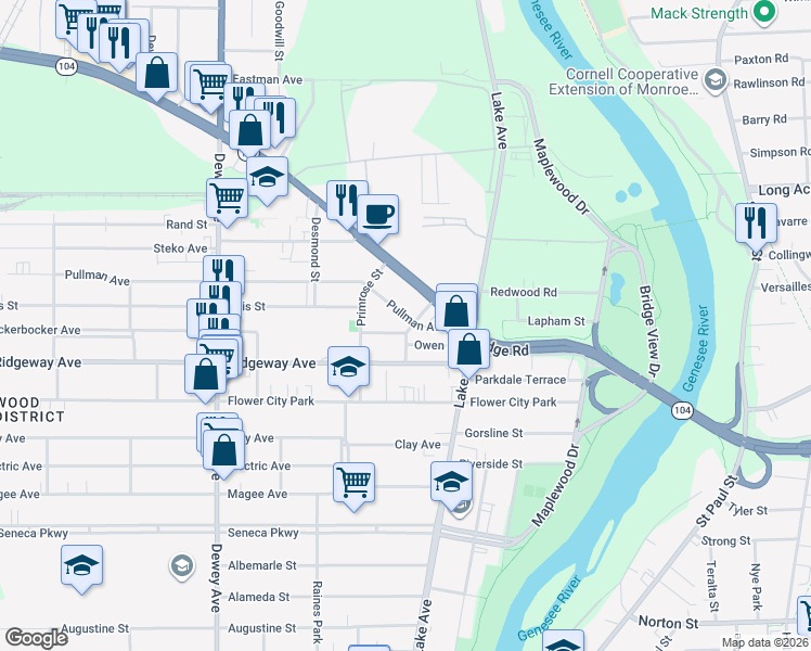 map of restaurants, bars, coffee shops, grocery stores, and more near 135 West Ridge Road in Rochester