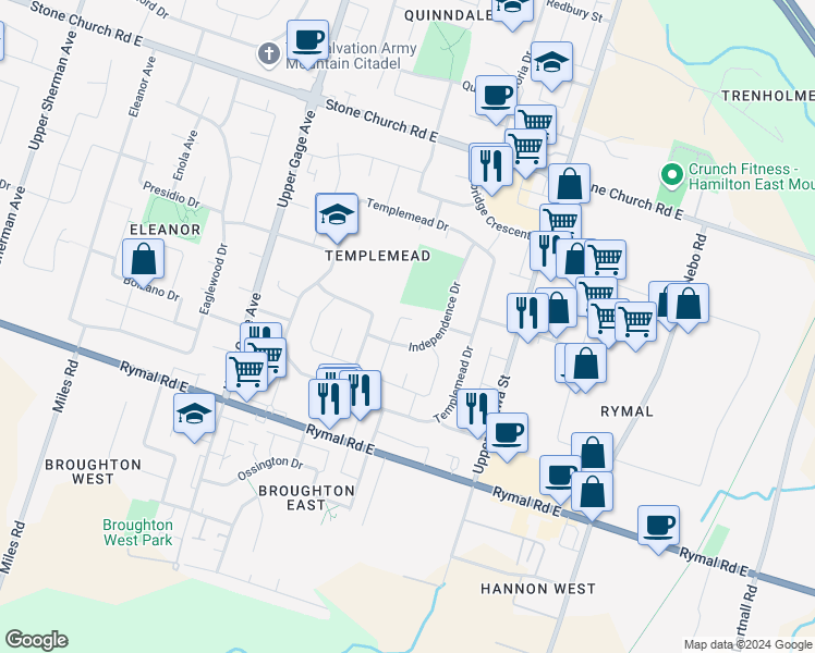 map of restaurants, bars, coffee shops, grocery stores, and more near 43 Rutledge Court in Hamilton