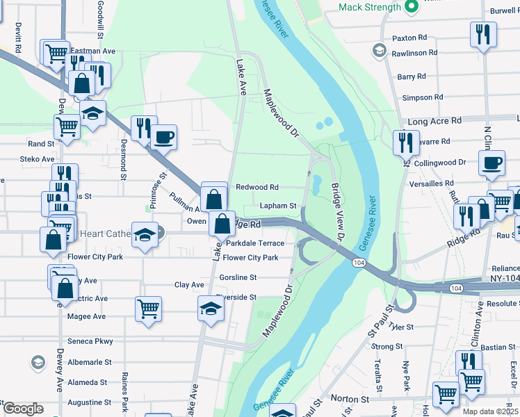 map of restaurants, bars, coffee shops, grocery stores, and more near 69 Lapham Street in Rochester