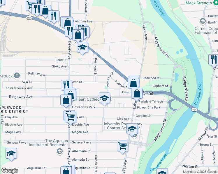 map of restaurants, bars, coffee shops, grocery stores, and more near 44 Bardin Street in Rochester