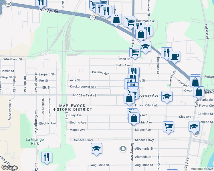 map of restaurants, bars, coffee shops, grocery stores, and more near 333 Avis Street in Rochester
