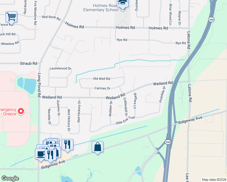 map of restaurants, bars, coffee shops, grocery stores, and more near 147 Carmas Drive in Rochester