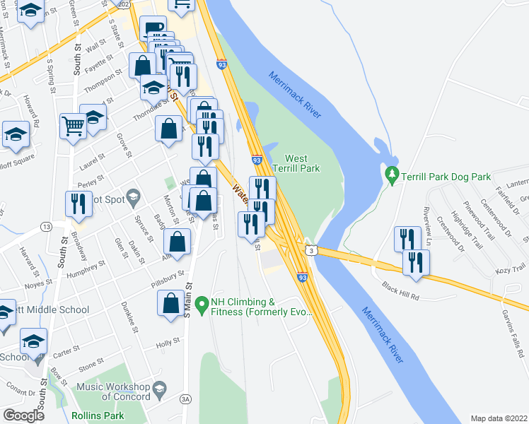 map of restaurants, bars, coffee shops, grocery stores, and more near 25 Water Street in Concord