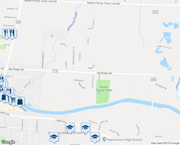 map of restaurants, bars, coffee shops, grocery stores, and more near 3526 Big Ridge Road in Spencerport
