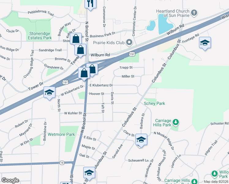 map of restaurants, bars, coffee shops, grocery stores, and more near 321 East Klubertanz Drive in Sun Prairie