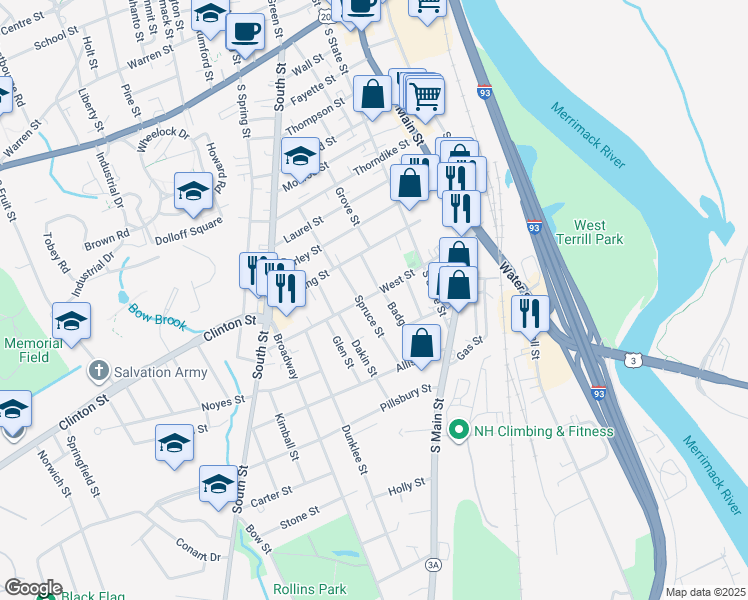 map of restaurants, bars, coffee shops, grocery stores, and more near 19 Pleasant Street in Concord