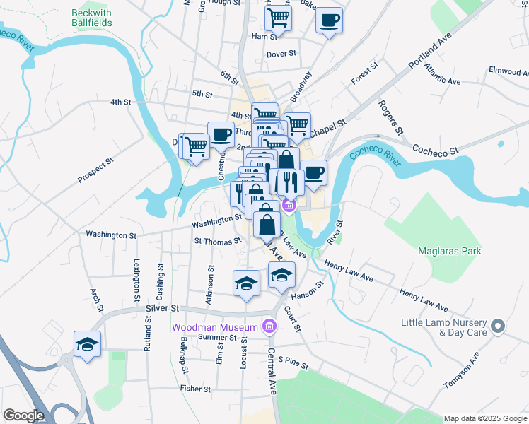 map of restaurants, bars, coffee shops, grocery stores, and more near 1 Orchard Street in Dover