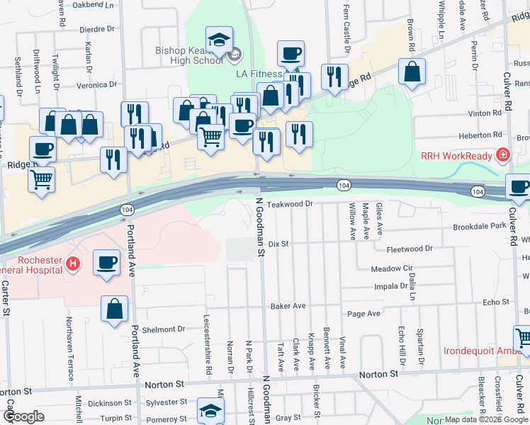 map of restaurants, bars, coffee shops, grocery stores, and more near 12 Teakwood Drive in Rochester