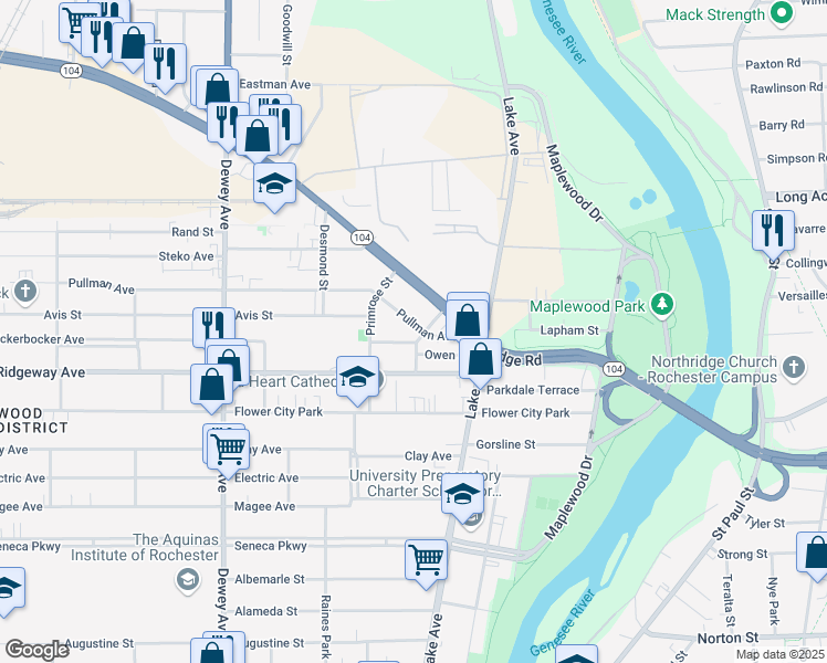 map of restaurants, bars, coffee shops, grocery stores, and more near 135 West Ridge Road in Rochester