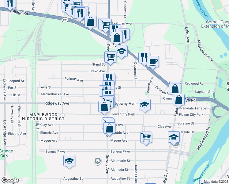 map of restaurants, bars, coffee shops, grocery stores, and more near in Rochester