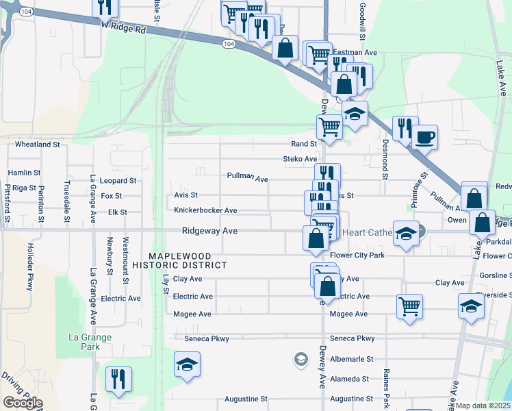 map of restaurants, bars, coffee shops, grocery stores, and more near 333 Avis Street in Rochester
