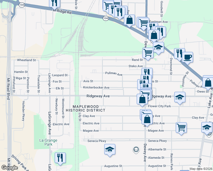 map of restaurants, bars, coffee shops, grocery stores, and more near 371 Avis Street in Rochester