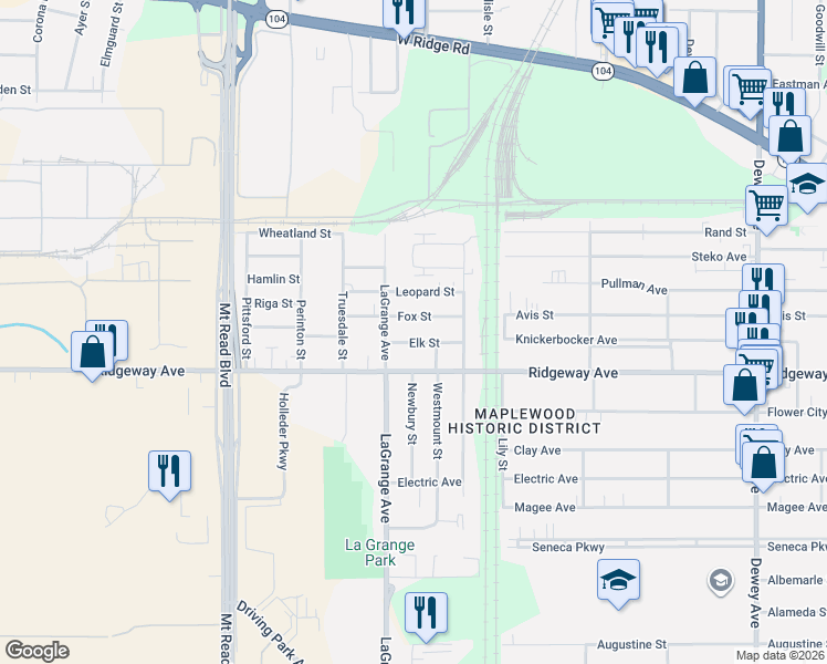 map of restaurants, bars, coffee shops, grocery stores, and more near 51 Fox Street in Rochester