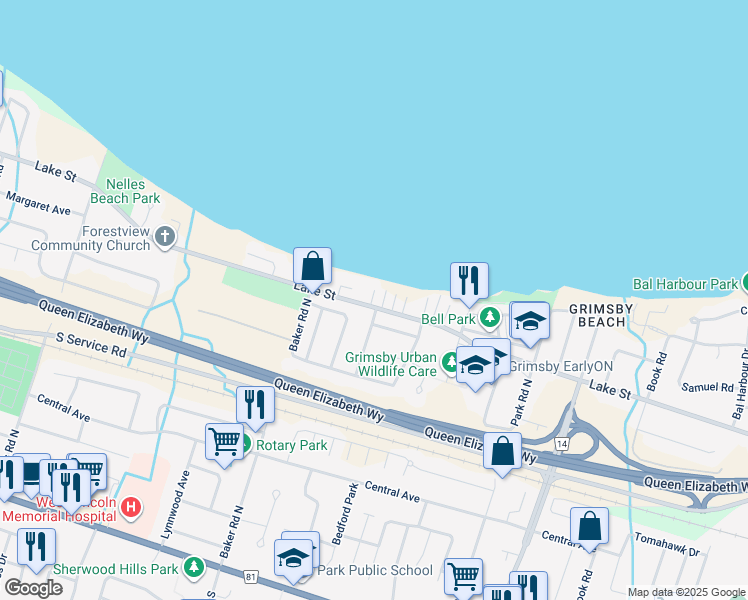 map of restaurants, bars, coffee shops, grocery stores, and more near in Grimsby