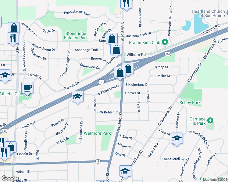 map of restaurants, bars, coffee shops, grocery stores, and more near 32 West Klubertanz Drive in Sun Prairie