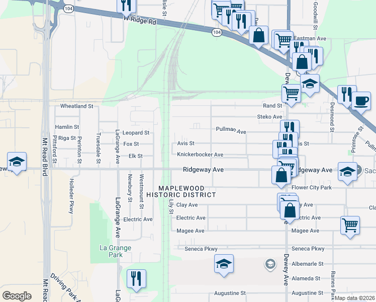 map of restaurants, bars, coffee shops, grocery stores, and more near 526 Avis Street in Rochester