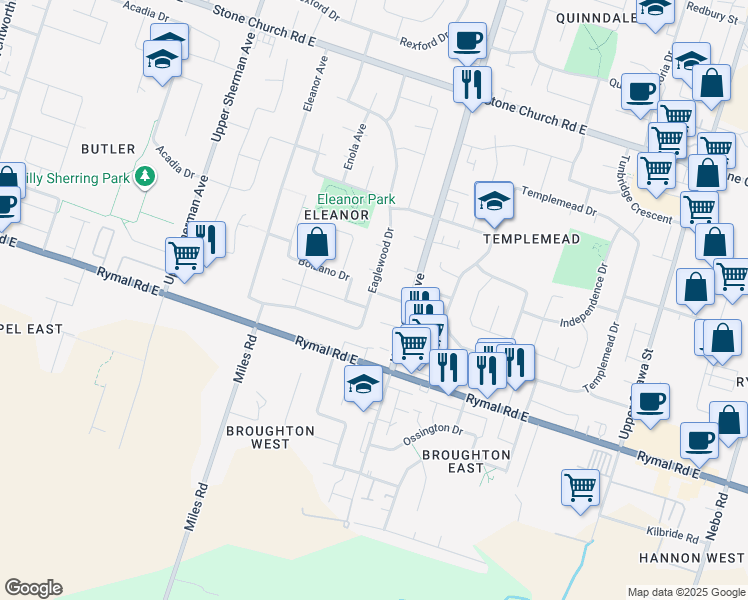 map of restaurants, bars, coffee shops, grocery stores, and more near 2 Sinena Avenue in Hamilton