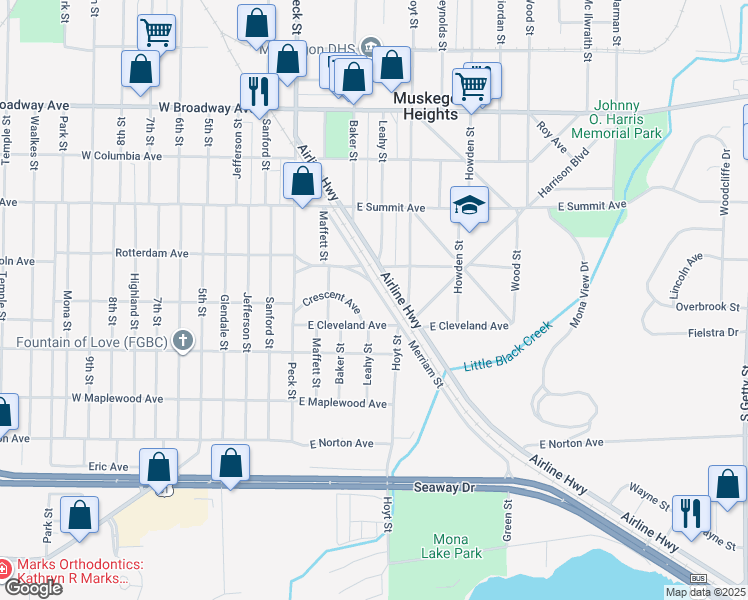 map of restaurants, bars, coffee shops, grocery stores, and more near 3125 Merriam Street in Muskegon Heights