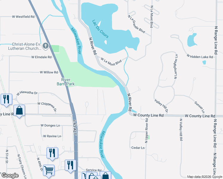 map of restaurants, bars, coffee shops, grocery stores, and more near 9740 North Riverside Road in Mequon