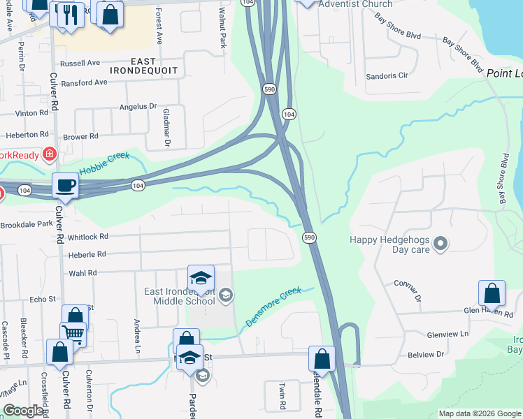 map of restaurants, bars, coffee shops, grocery stores, and more near 452 Carlsam Drive in Rochester