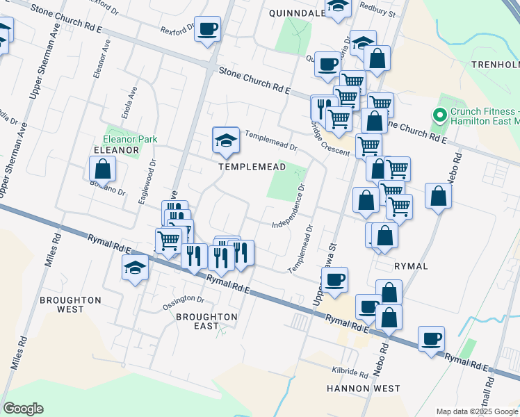 map of restaurants, bars, coffee shops, grocery stores, and more near 11 Rutledge Court in Hamilton