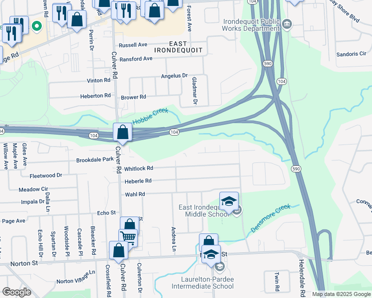 map of restaurants, bars, coffee shops, grocery stores, and more near 100 Hulda Park in Rochester