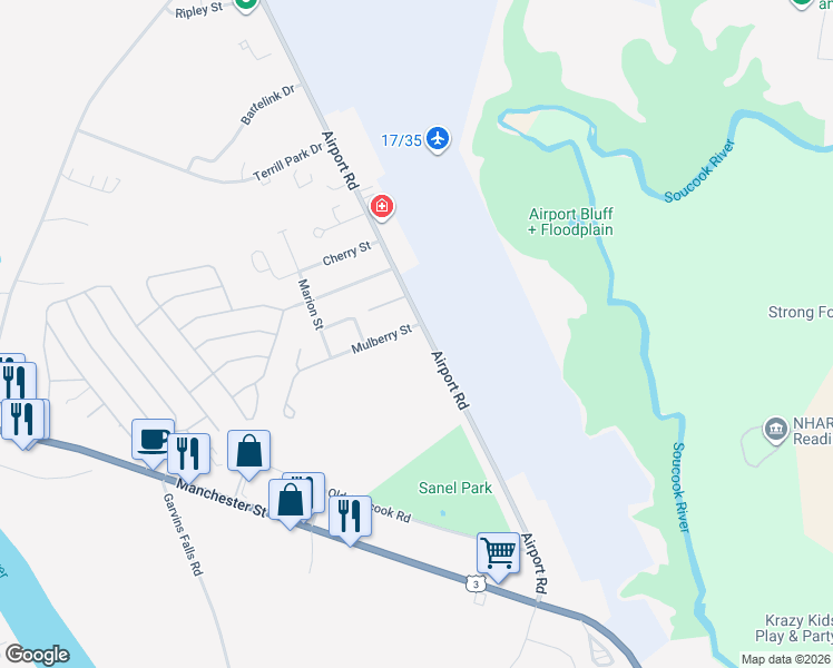 map of restaurants, bars, coffee shops, grocery stores, and more near 170 Airport Road in Concord