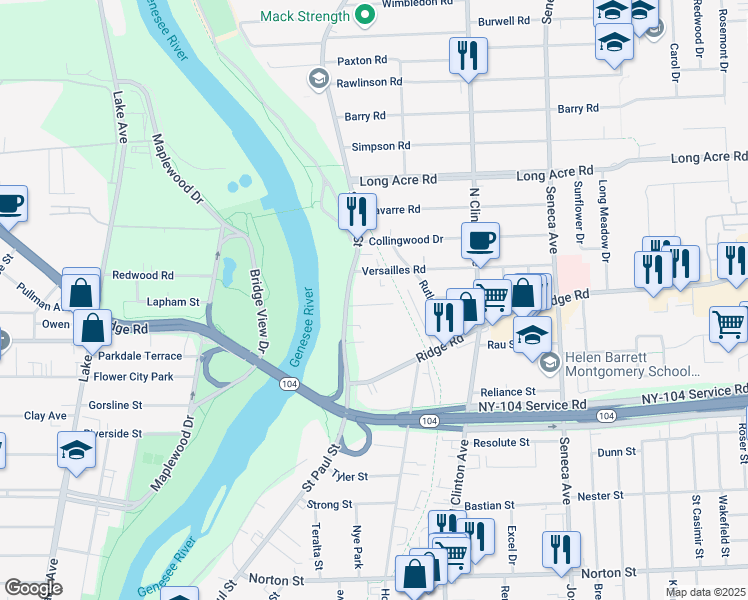 map of restaurants, bars, coffee shops, grocery stores, and more near 2126 Saint Paul Street in Rochester