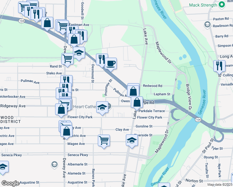 map of restaurants, bars, coffee shops, grocery stores, and more near 135 West Ridge Road in Rochester