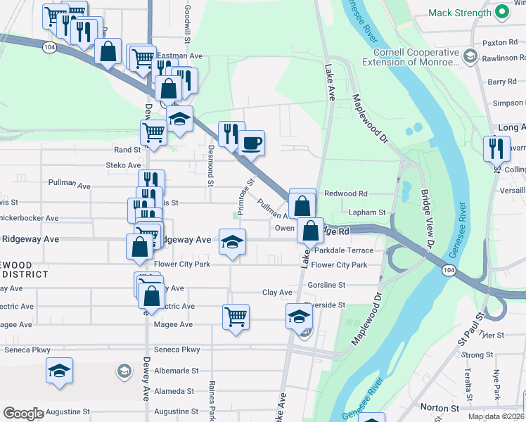 map of restaurants, bars, coffee shops, grocery stores, and more near 95 Pullman Avenue in Rochester