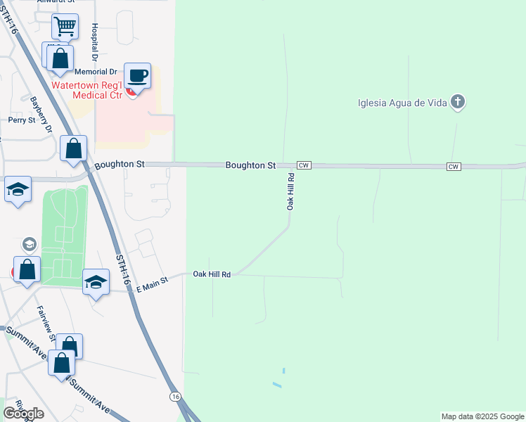 map of restaurants, bars, coffee shops, grocery stores, and more near N9669 Oak Hill Road in Watertown