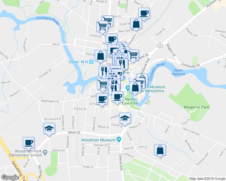map of restaurants, bars, coffee shops, grocery stores, and more near 85 Washington Street in Dover