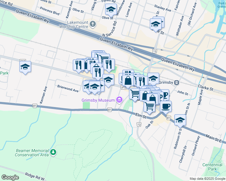map of restaurants, bars, coffee shops, grocery stores, and more near 1 Nelles Boulevard in Grimsby