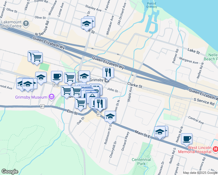 map of restaurants, bars, coffee shops, grocery stores, and more near 3 John Street in Grimsby