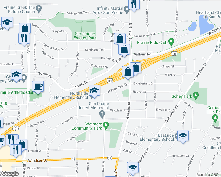 map of restaurants, bars, coffee shops, grocery stores, and more near 104 West Klubertanz Drive in Sun Prairie