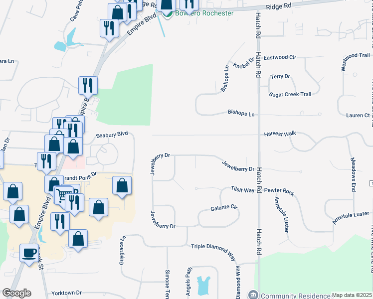 map of restaurants, bars, coffee shops, grocery stores, and more near 138 Anytrell Drive in Webster