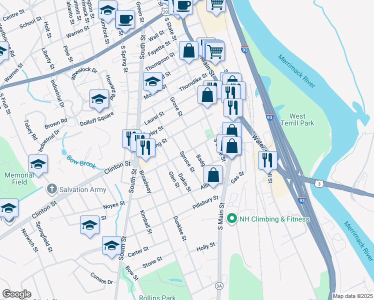 map of restaurants, bars, coffee shops, grocery stores, and more near 19 Pleasant Street in Concord