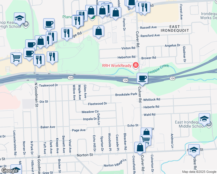 map of restaurants, bars, coffee shops, grocery stores, and more near 12 Lacroix Court Drive in Irondequoit