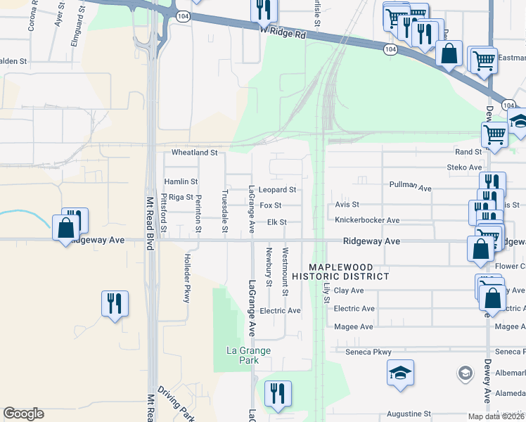 map of restaurants, bars, coffee shops, grocery stores, and more near 51 Fox Street in Rochester