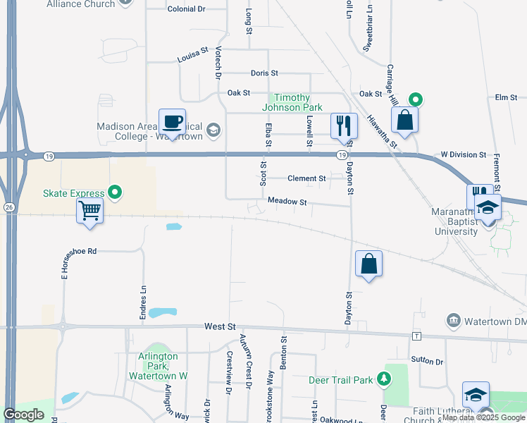 map of restaurants, bars, coffee shops, grocery stores, and more near 1203 Meadow Street in Watertown