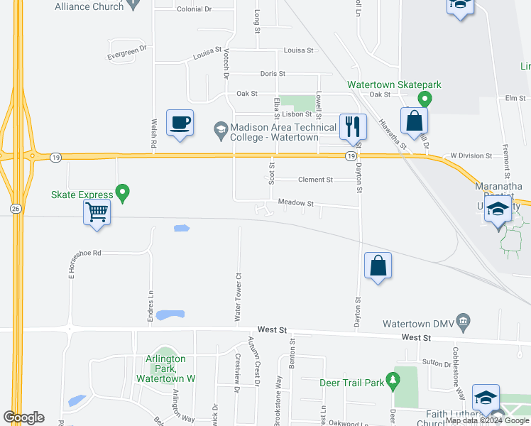 map of restaurants, bars, coffee shops, grocery stores, and more near 1203 Meadow Street in Watertown