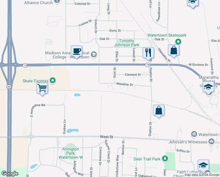 map of restaurants, bars, coffee shops, grocery stores, and more near 1203 Meadow Street in Watertown