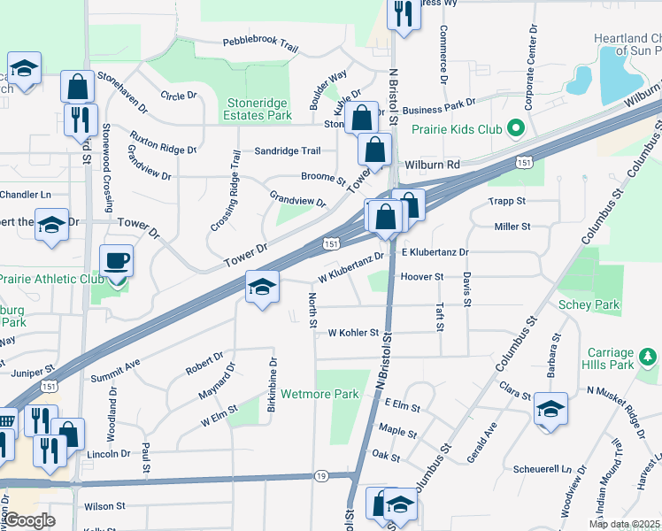 map of restaurants, bars, coffee shops, grocery stores, and more near 104 West Klubertanz Drive in Sun Prairie