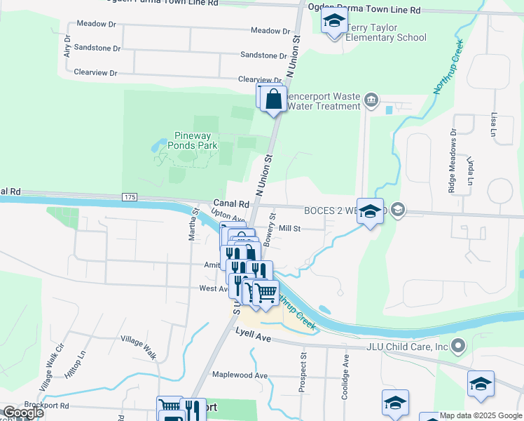map of restaurants, bars, coffee shops, grocery stores, and more near 28 North Union Street in Spencerport