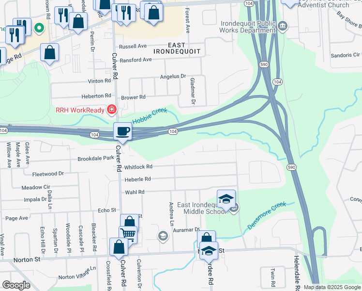 map of restaurants, bars, coffee shops, grocery stores, and more near 100 Hulda Park in Rochester