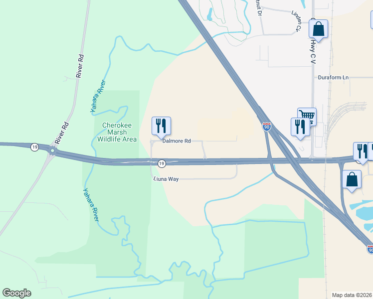 map of restaurants, bars, coffee shops, grocery stores, and more near 4633 Liuna Way in DeForest