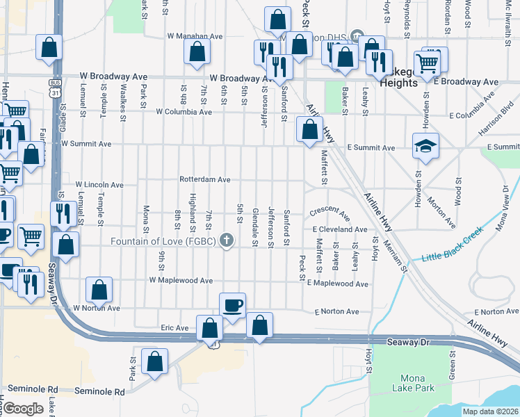 map of restaurants, bars, coffee shops, grocery stores, and more near 3125 Jefferson Street in Muskegon Heights